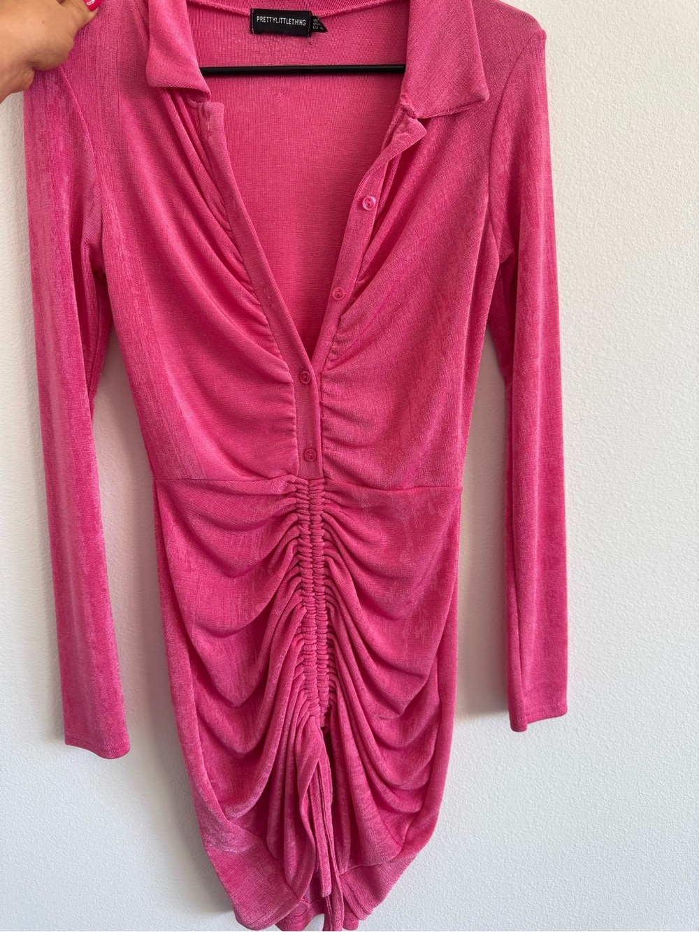 PrettyLittleThing Hot Pink Ruched Long Sleeve Collared Dress